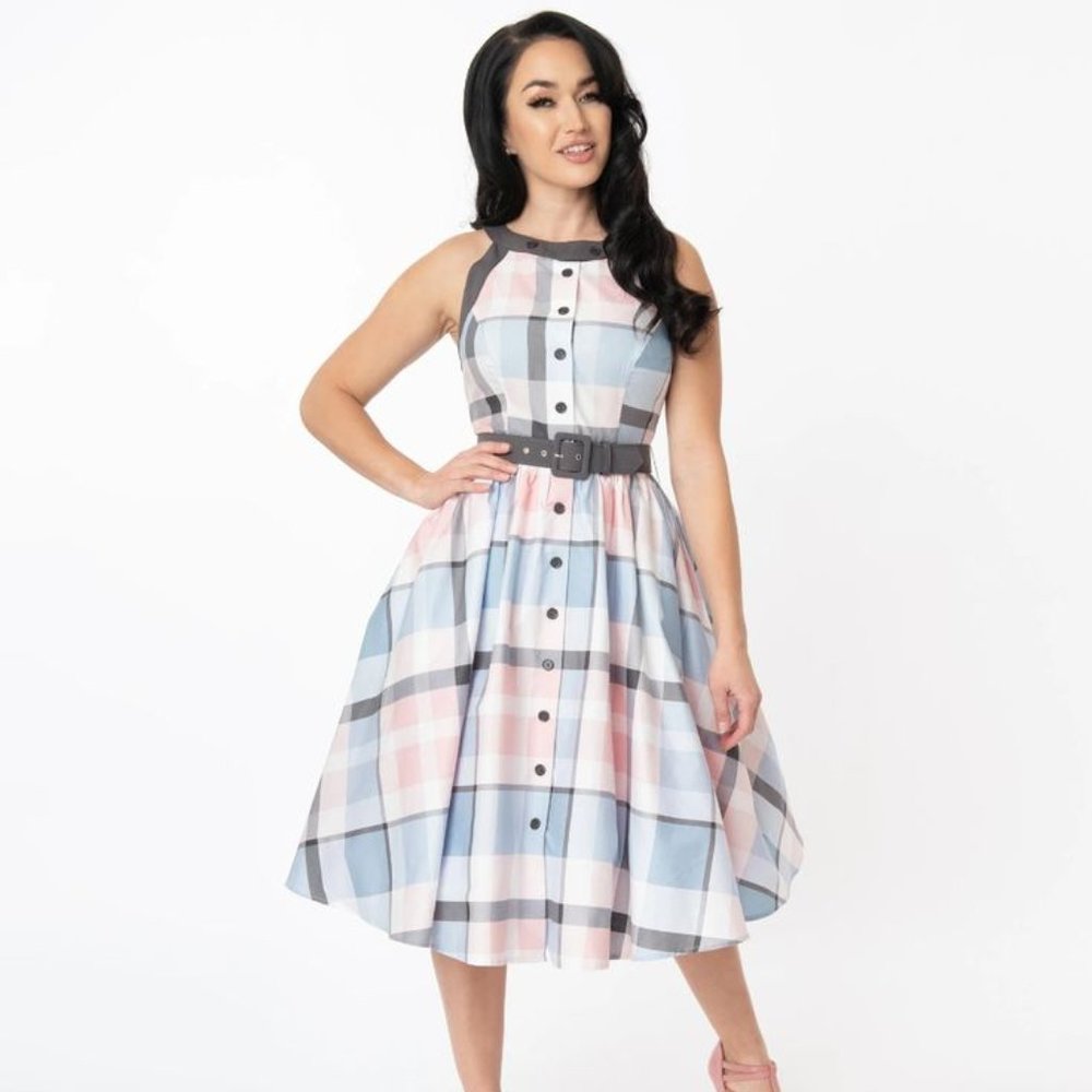 Unique Vintage Maxine Blue and Pink Plaid Swing Dress NWT